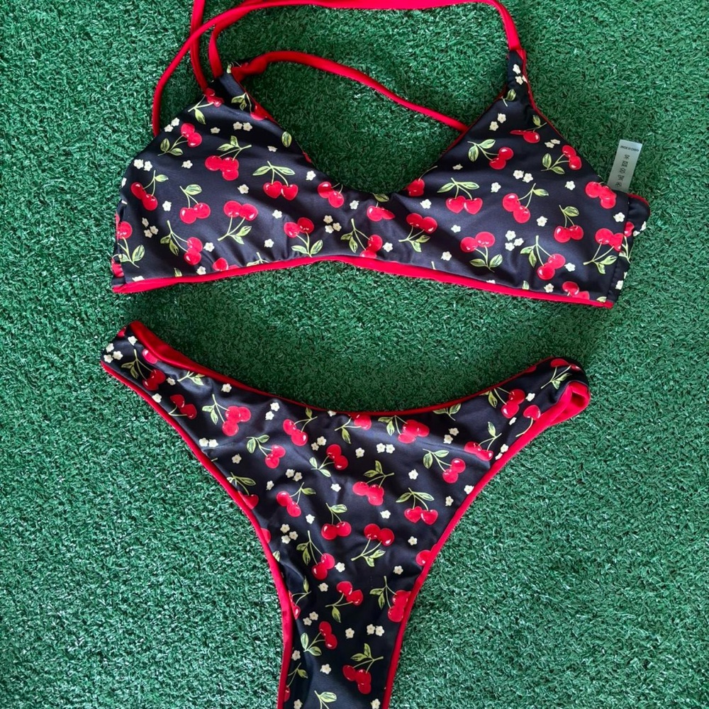 Zaful Cherry Print Bikini - Black and Red